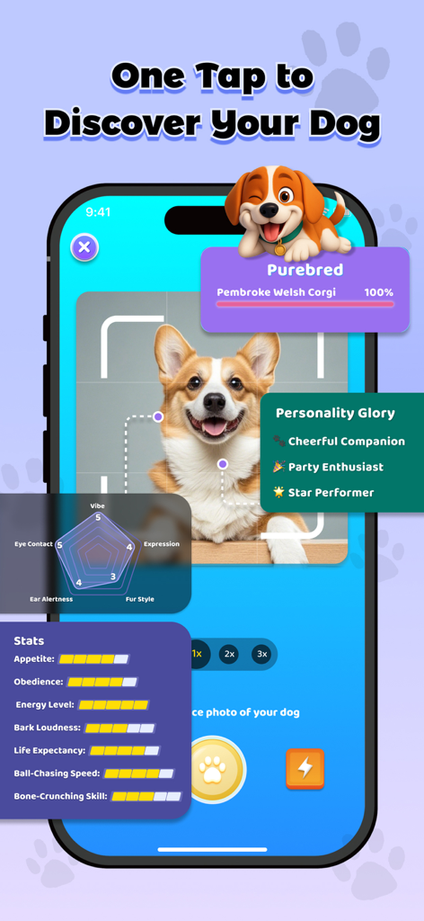 Interfaz de la aplicación Dog Translator que muestra un escáner de IA identificando una raza Corgi y rasgos de personalidad.