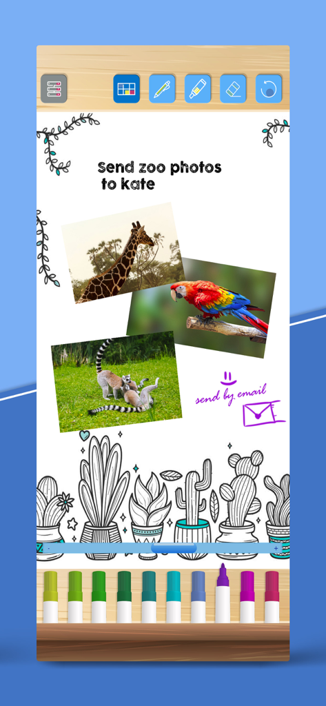 Uno screenshot dell'app Doodle su foto che mostra immagini dello zoo con note scritte a mano e strumenti di disegno digitale