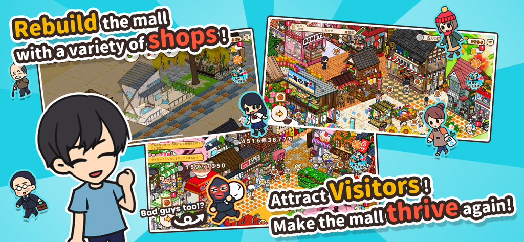 Japanese mall simulation game featuring cute shops and visitors