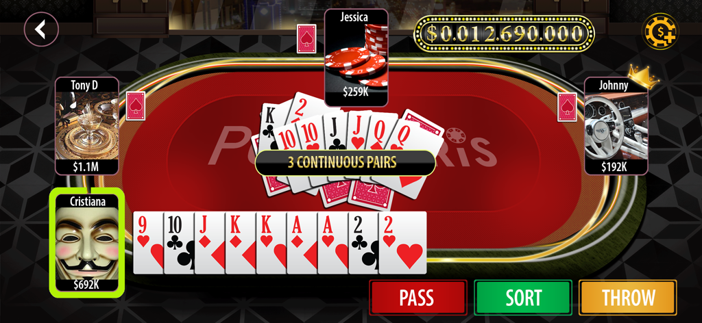 Poker Paris - danh bai offline - Jogabilidade do jogo de cartas offline Poker Paris mostrando uma mão com três pares contínuos.