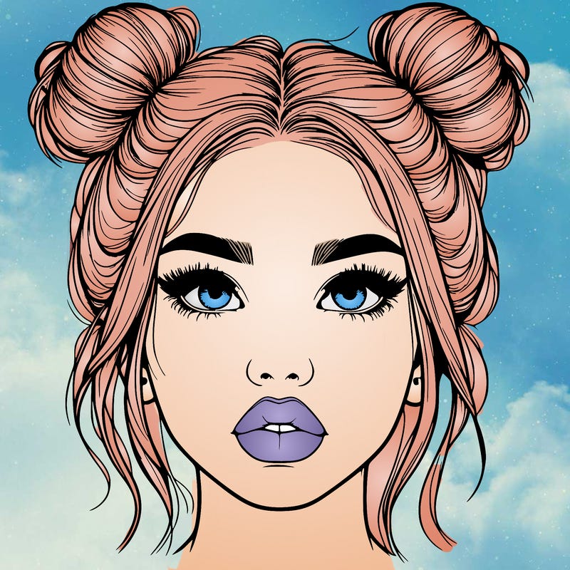 realistic girl with two buns on her hair and lips