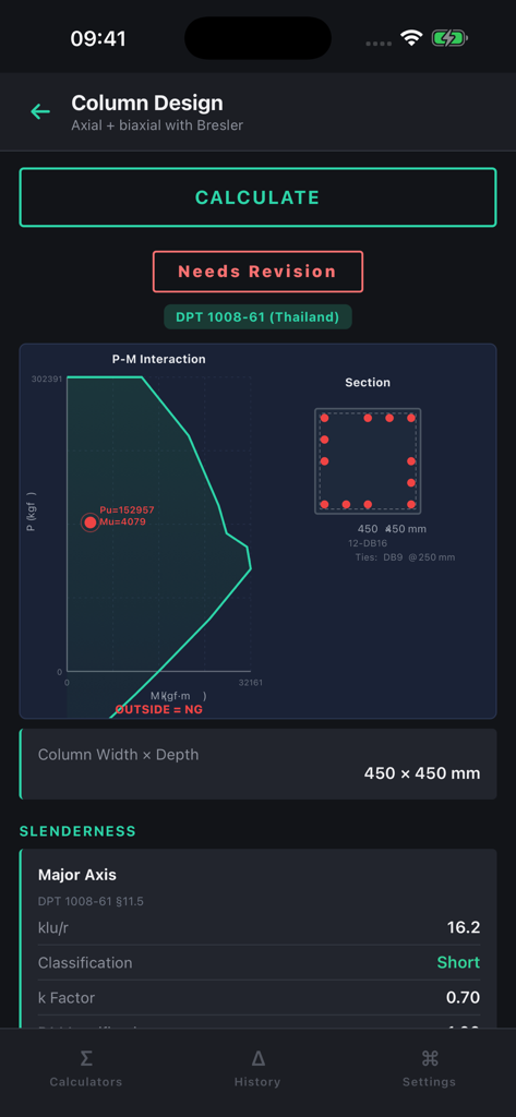 VerCivil: Structural Engineer - VerCivil structural engineering app showing column design calculation with P-M interaction diagram