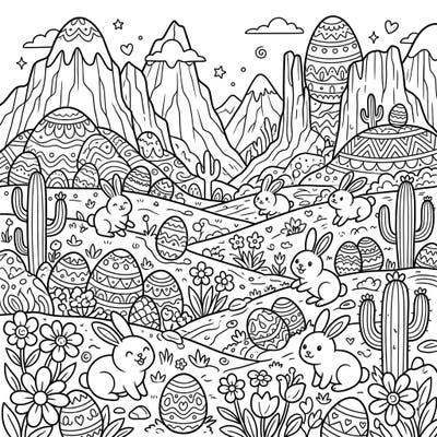 Discover a delightful Easter coloring page featuring adorable bunnies exploring a whimsical desert landscape. Adorned with intricately patterned eggs and majestic mountains, this scene promises a unique and engaging coloring experience.