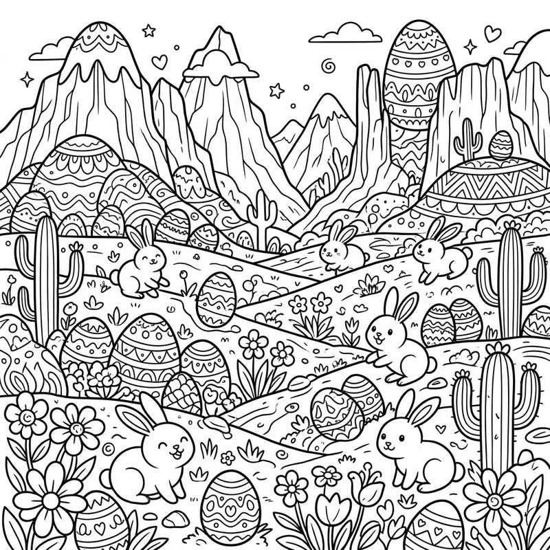 Discover a delightful Easter coloring page featuring adorable bunnies exploring a whimsical desert landscape. Adorned with intricately patterned eggs and majestic mountains, this scene promises a unique and engaging coloring experience.