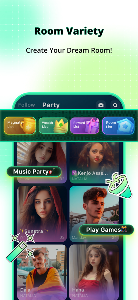 Hiyoo - Podcast & Voice Party - Hiyoo app interface showing a variety of voice party rooms with user profiles for music and games