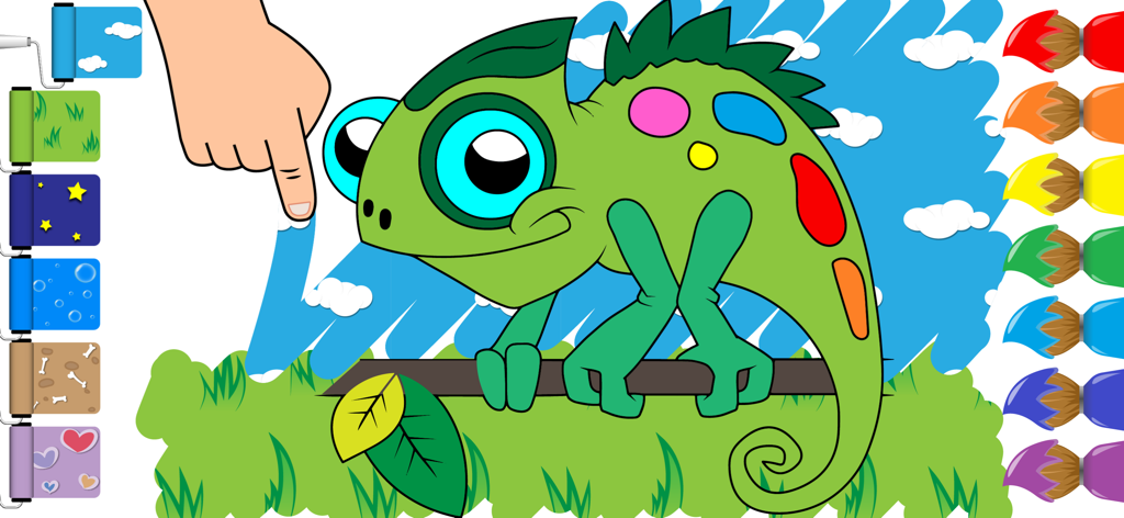 Drawing and coloring for kids - Interface of a children's coloring app featuring a cartoon chameleon and digital art tools