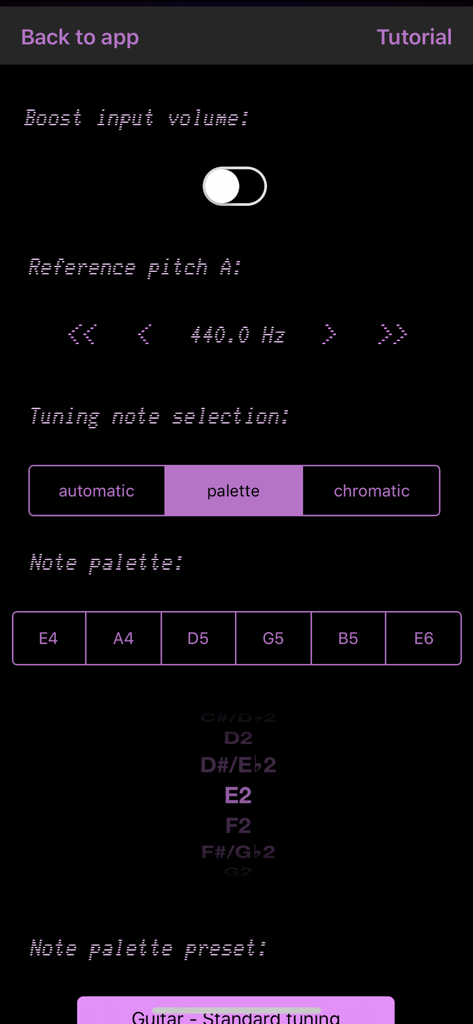 Helix Tuner - Helix Tuner 設定インターフェイス。手動のノート選択と基準ピッチキャリブレーションを表示しています。
