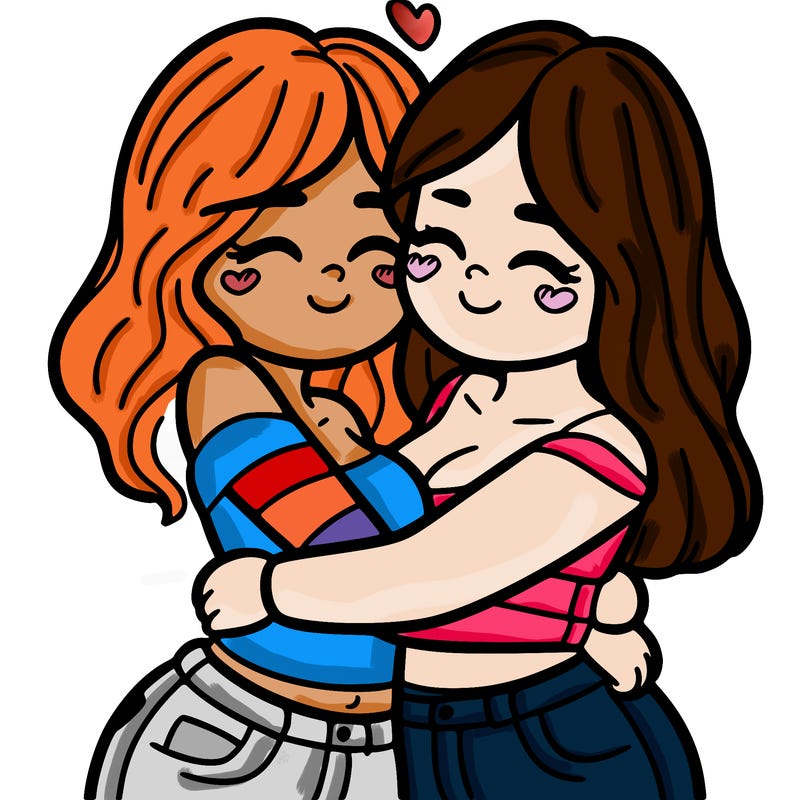 two females (pride month) hugging