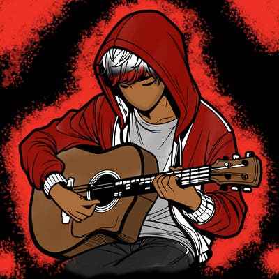 realistic boy in hoodie playing guitar