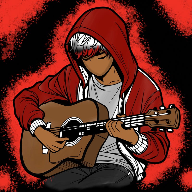realistic boy in hoodie playing guitar