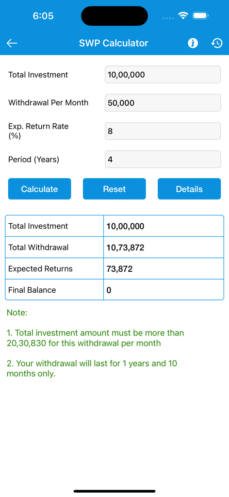 Interface of a Systematic Withdrawal Plan calculator displaying investment, withdrawal, and return projections.