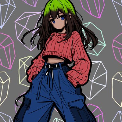 anime teen girl with baggy pants and crop top with sweater