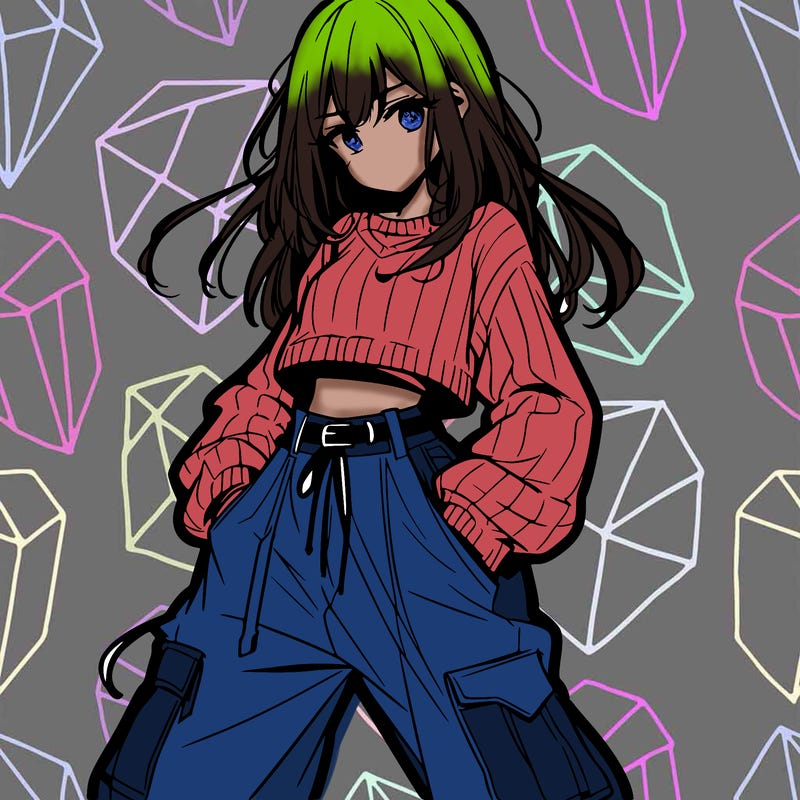 anime teen girl with baggy pants and crop top with sweater