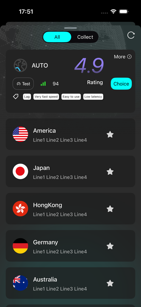 Fs-link super fast and secure - The Fs-link app interface showing a list of global server nodes including America Japan Hong Kong Germany and Australia