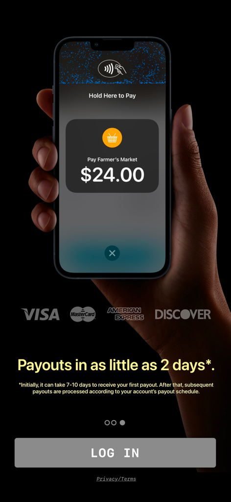 A person holding an iPhone displaying a contactless payment screen for twenty-four dollars at a farmers market with credit card logos and login button