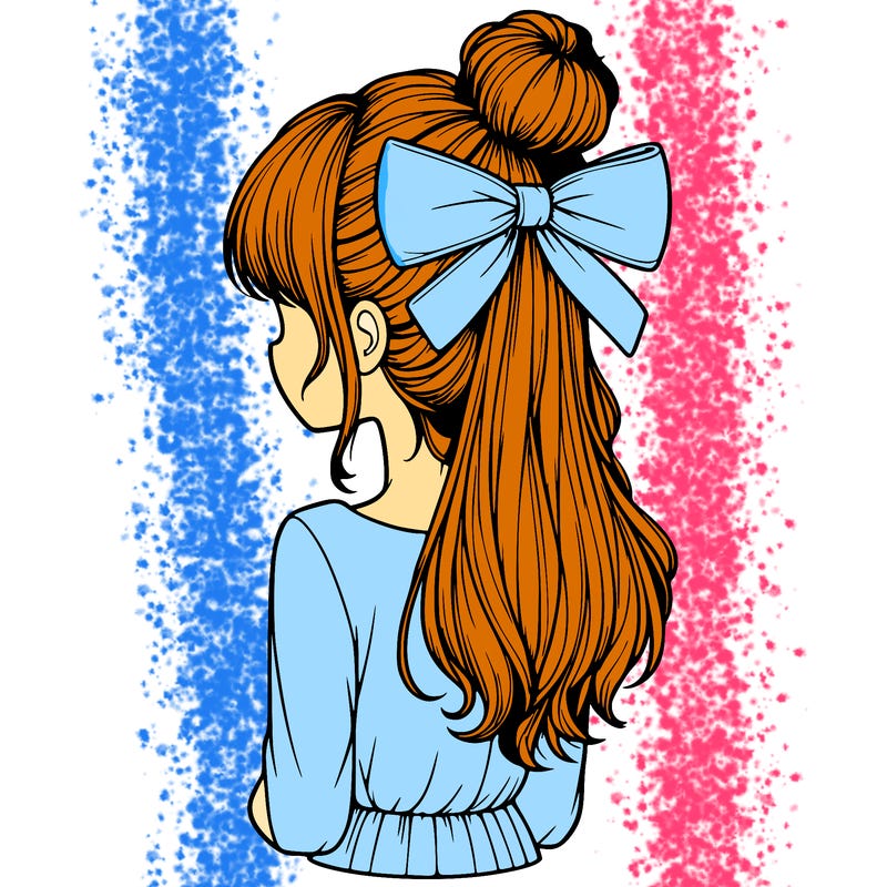 realistic girl  with hip length hair a bun and a big bow on the back of head