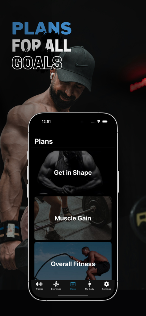 Gym Genius app screen showing different workout plans for getting in shape, muscle gain, and overall fitness.