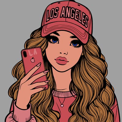 realistic beautiful girl wearing los ángeles cap holding an iphone