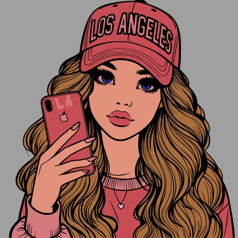 realistic beautiful girl wearing los ángeles cap holding an iphone