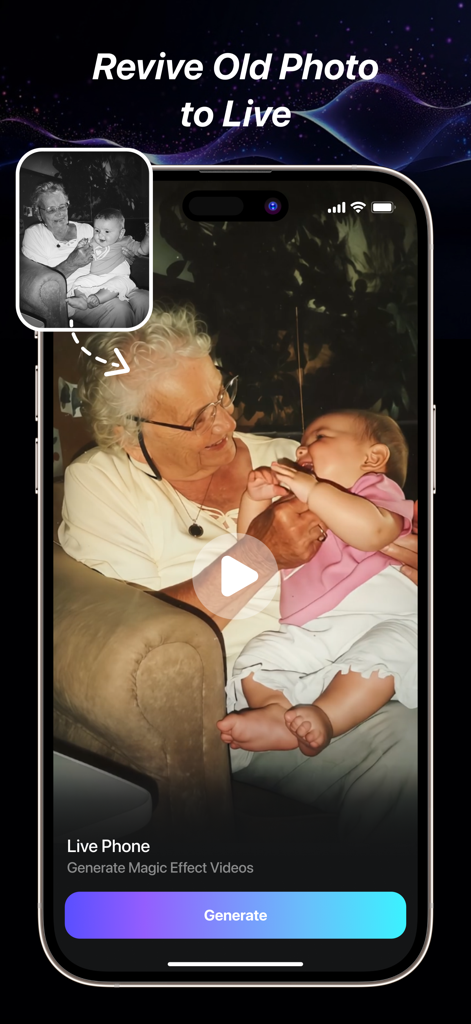 Genie AI - AI Video Generator - A smartphone screen showing an app feature that turns an old black and white photo into a live colorized video.