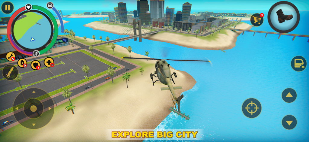 Miami Crime Simulator - Gameplay screenshot of Miami Crime Simulator showing a helicopter flying over a coastal city with skyscrapers and bridges.