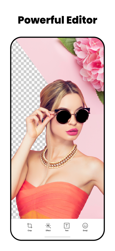 Smartphone screen showing the Powerful Editor feature of the Magic AI Background Eraser app with background removal on a fashion photo