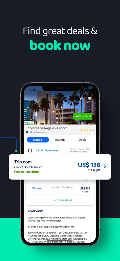 Cheap Hotels・Hotel Deals - A mobile app screen displaying a hotel deal in Los Angeles with pricing and booking details