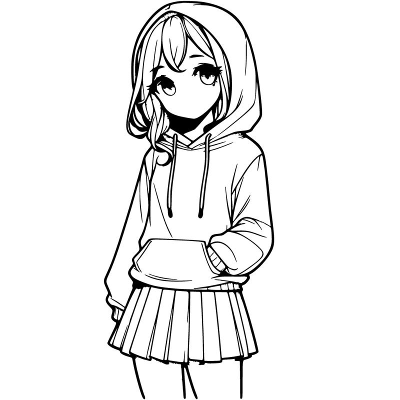 a realistic girl with a hoodie and a skirt