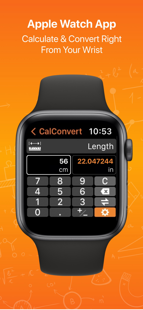 CalConvert: Pro Calculator $€ - CalConvert app on Apple Watch showing length conversion from centimeters to inches