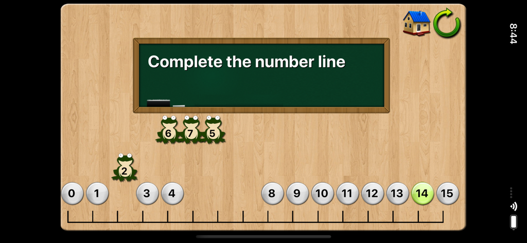 Number Lines School Edition - Math game screen showing a number line task with frog characters for kids