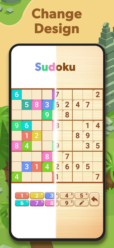 Split screen comparison of colorful and classic Sudoku board designs