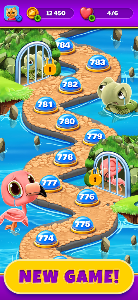 Royal Cat Puzzle - Level progression map in Royal Cat Puzzle showing a path of levels and animals to rescue