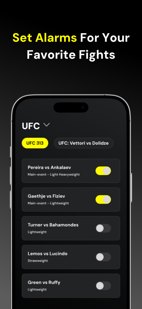 FightAlarm App - Interface of the FightAlarm app displaying a list of UFC fights with options to toggle alarms for individual matches