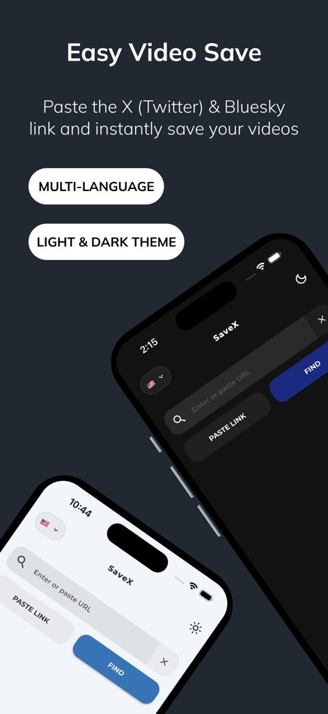 SaveX: X Bluesky Video Saver - Interface do aplicativo SaveX mostrando opções de temas claro e escuro para salvar vídeos do X e Bluesky