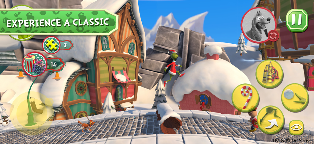 The Grinch - The Grinch character jumping through a snowy Whoville town in a 3D platformer game.
