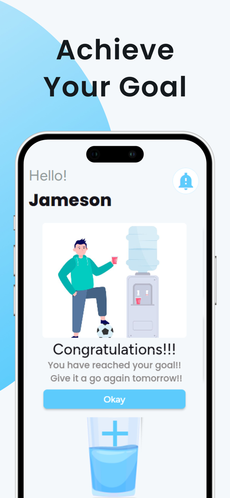 Mobile app screen showing a congratulations message for reaching a daily hydration goal with a man standing by a water cooler illustration.
