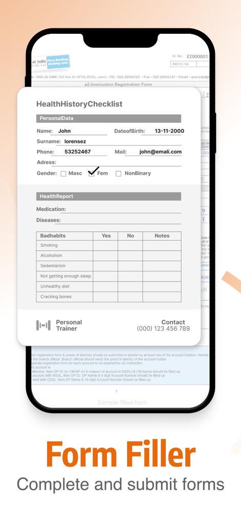 PDF Editor - Edit PDF & Sign - 健康履歴チェックリストドキュメントを完成させるために使用されているPDFフォームフィラーツールを表示するスマートフォンの画面。
