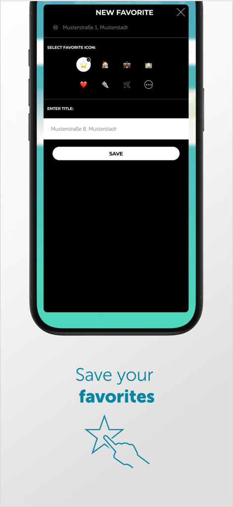 Wohin·Du·Willst - Wohin Du Willst mobile app interface showing the new favorite location screen with custom icon selection and title entry