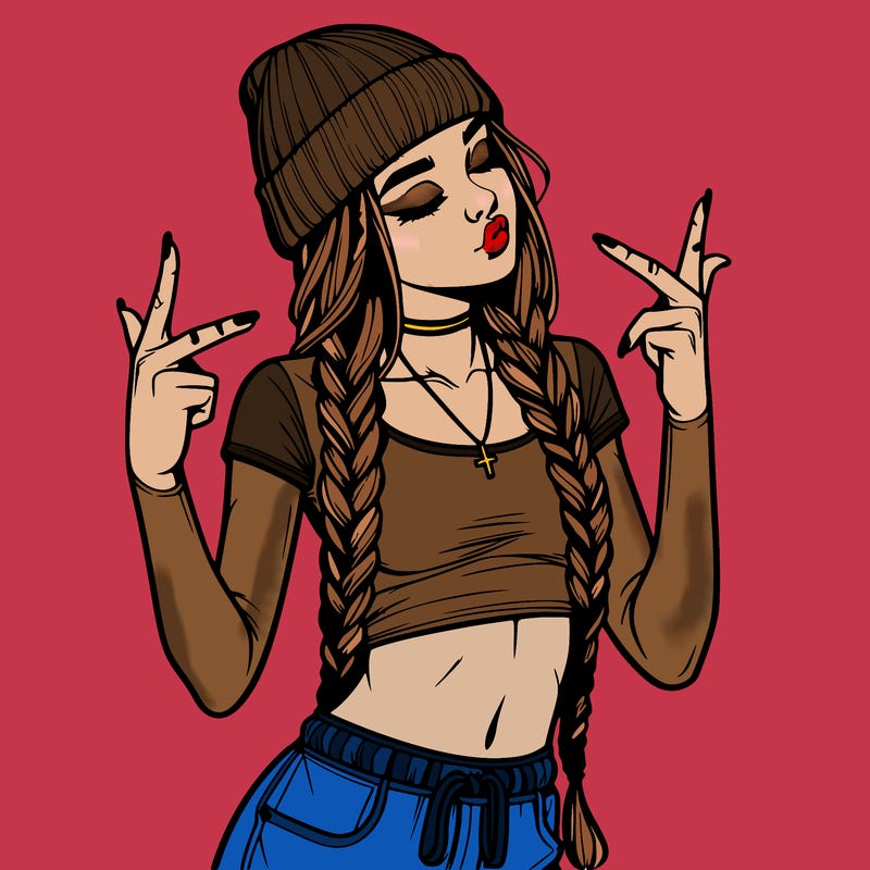 realistic teenage girl with braids and a beanie and crop top doing 🫶🏼