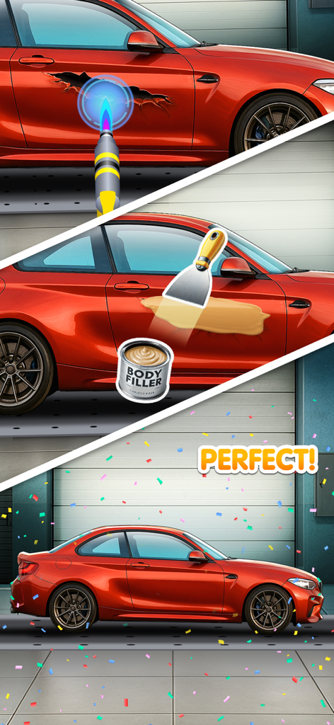 Car Wash: ASMR Game - A sequence of steps showing a red car being repaired with a welding tool and body filler until it is shiny and perfect