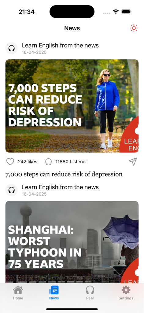 Learning English: Podcast - News section of the Learning English Podcast app showing English lessons based on current events.