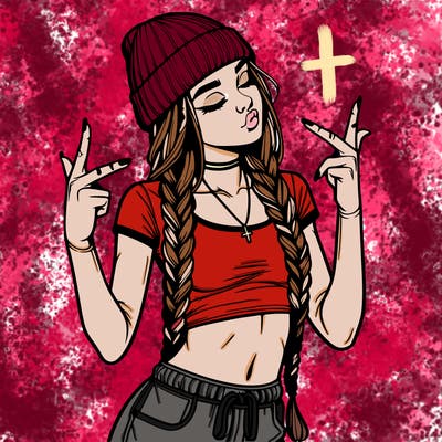 realistic teenage girl with braids and a beanie and crop top doing 🫶🏼