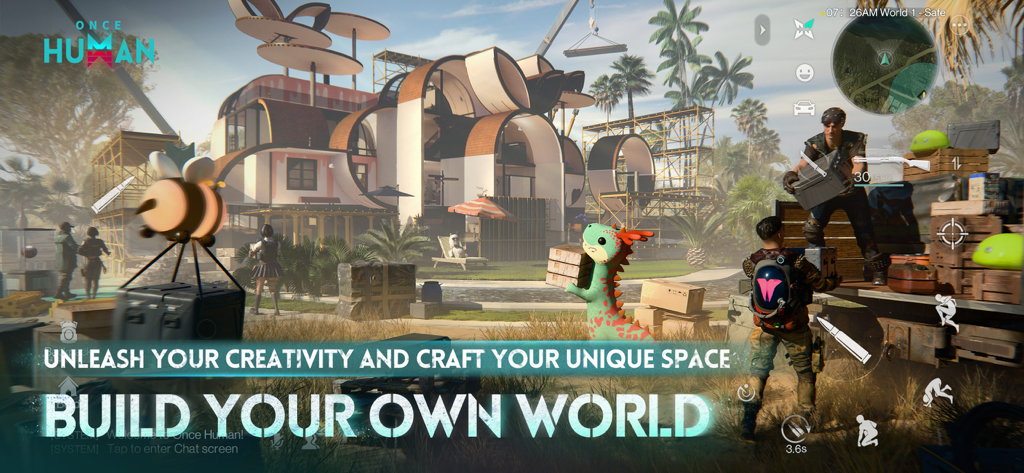 Once Human - Capture d'écran du gameplay de Once Human présentant une construction de base créative et des compagnons surnaturels.