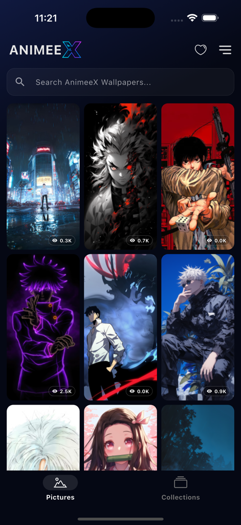 Galería de fondos de pantalla de anime 4K en la aplicación móvil AnimeeX