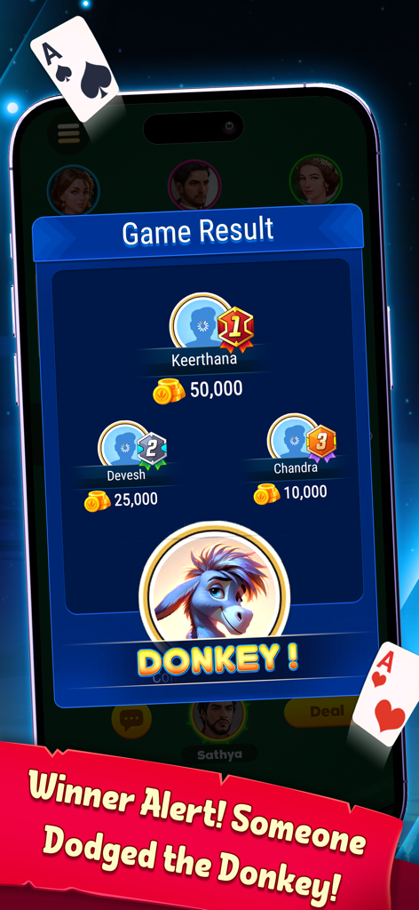 Donkey Multiplayer - Schermata dei risultati di gioco in Donkey Multiplayer che mostra una classifica con i primi tre vincitori e i loro premi in monete