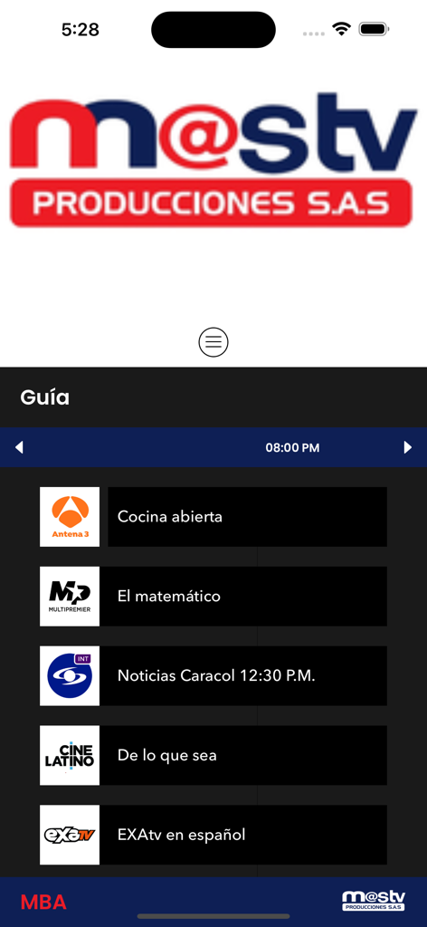 M@s TV - Interfaz de la aplicación M@s TV que muestra una guía de programación de TV en español con varias opciones de canales