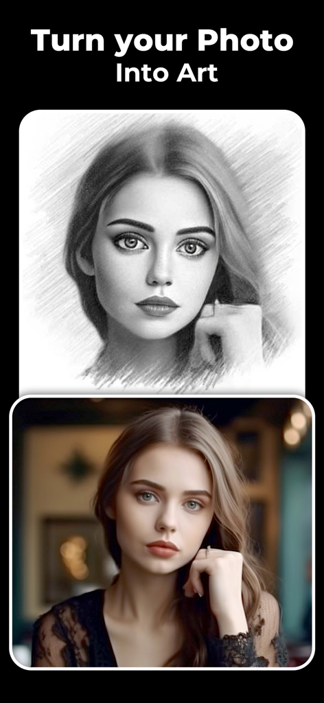 Pencil Sketch Photo Editor - A before and after comparison showing a realistic portrait of a woman transformed into a professional pencil sketch