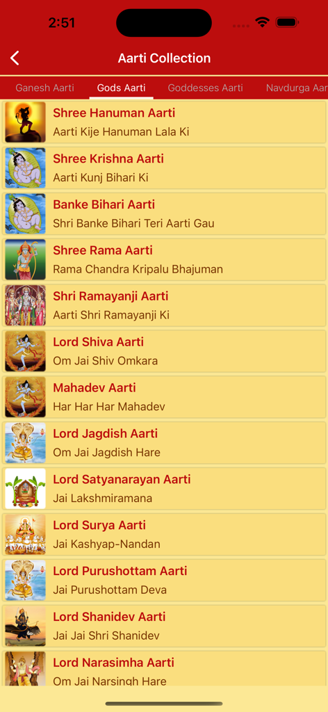 Hindu Calendar - Drik Panchang - Aarti Collection screen showing a list of prayers for Hindu deities