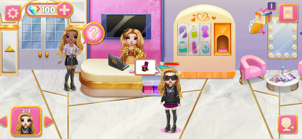 Bonecas Rainbow High interagindo na área de recepção do salão de beleza