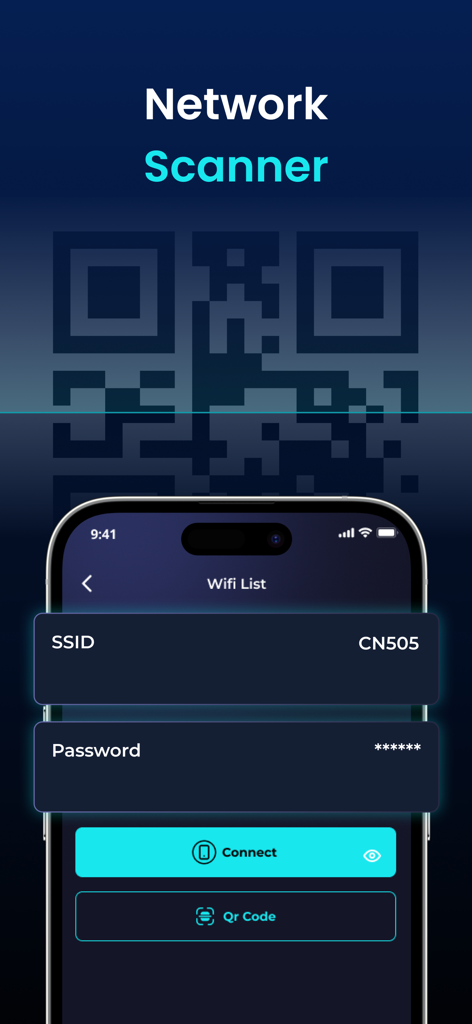 QRコード接続オプションを備えたネットワークスキャナー機能を示すWiFi Analyzerアプリのインターフェイス。